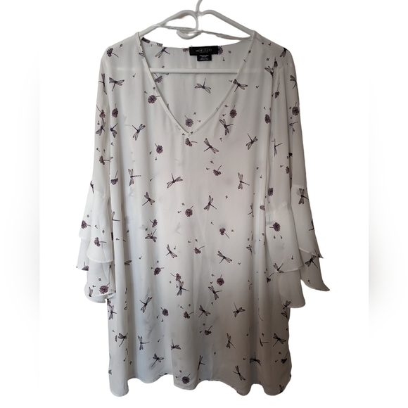 Michel Studio Plus size mini dress or tunic , White with dragonfly and flower - Picture 8 of 11